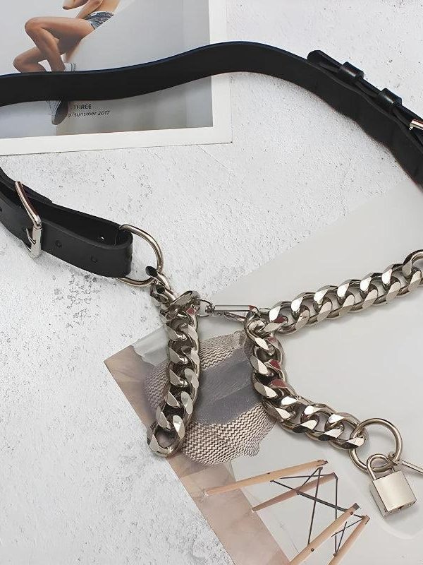 Grunge Lock Faux Leather Chain Belt