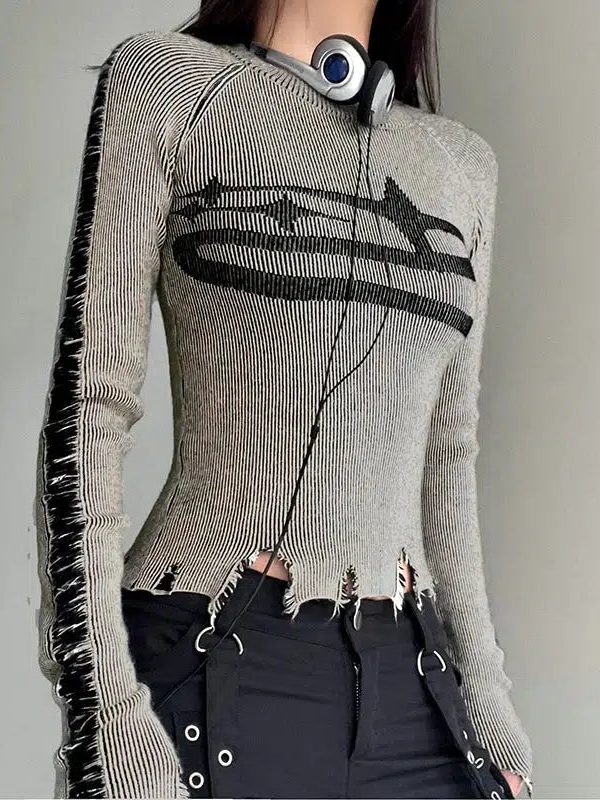 Grunge Long Sleeve Distressed Top