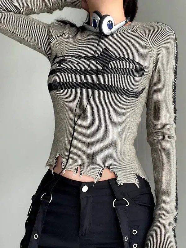 Grunge Long Sleeve Distressed Top