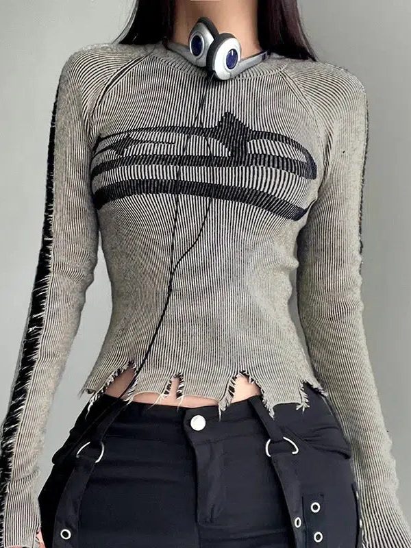 Grunge Long Sleeve Distressed Top