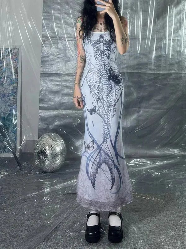 Grunge Mermaid Skeleton Maxi Dress
