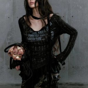 Grunge Neck Tie Ruffled Top