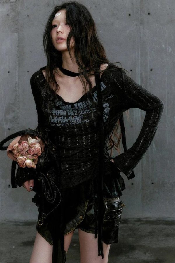 Grunge Neck Tie Ruffled Top