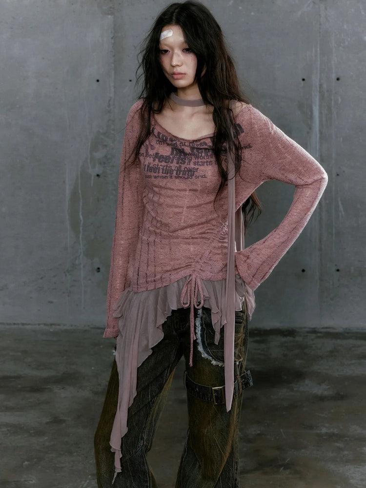 Grunge Neck Tie Ruffled Top Grunge Neck Tie Ruffled Top