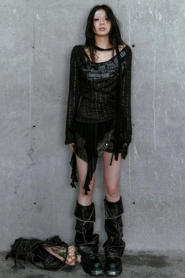 Grunge Neck Tie Ruffled Top