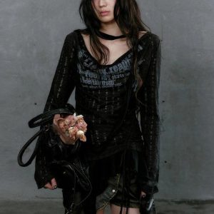 Grunge Neck Tie Ruffled Top