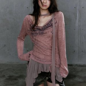 Grunge Neck Tie Ruffled Top