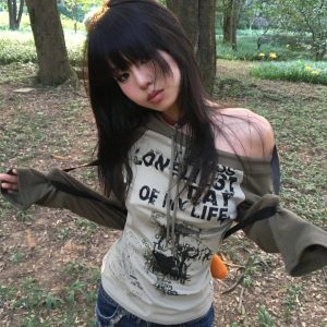 Grunge One Shoulder Drawstring Top