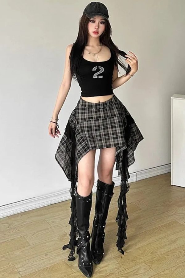 Grunge Plaid Asymmetric Mini Skirt