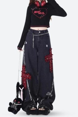 Grunge Plaid Cross Patch Jeans