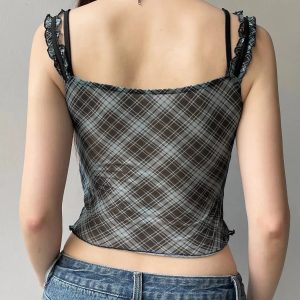 Grunge Plaid Lace Trim Top