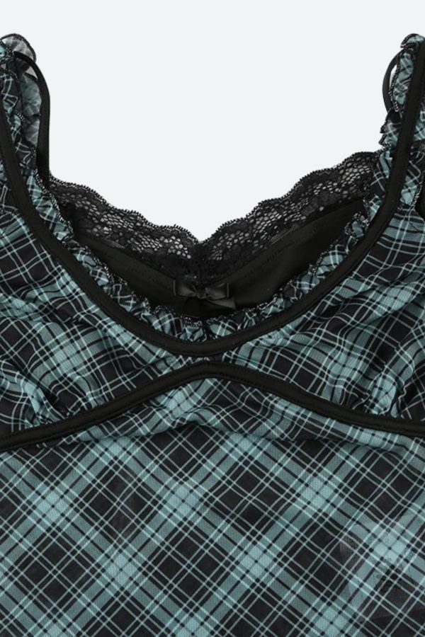 Grunge Plaid Lace Trim Top