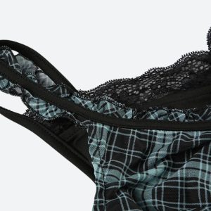 Grunge Plaid Lace Trim Top