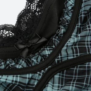 Grunge Plaid Lace Trim Top