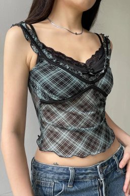 Grunge Plaid Lace Trim Top