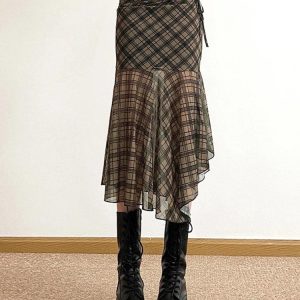 Grunge Plaid Mesh Midi Skirt