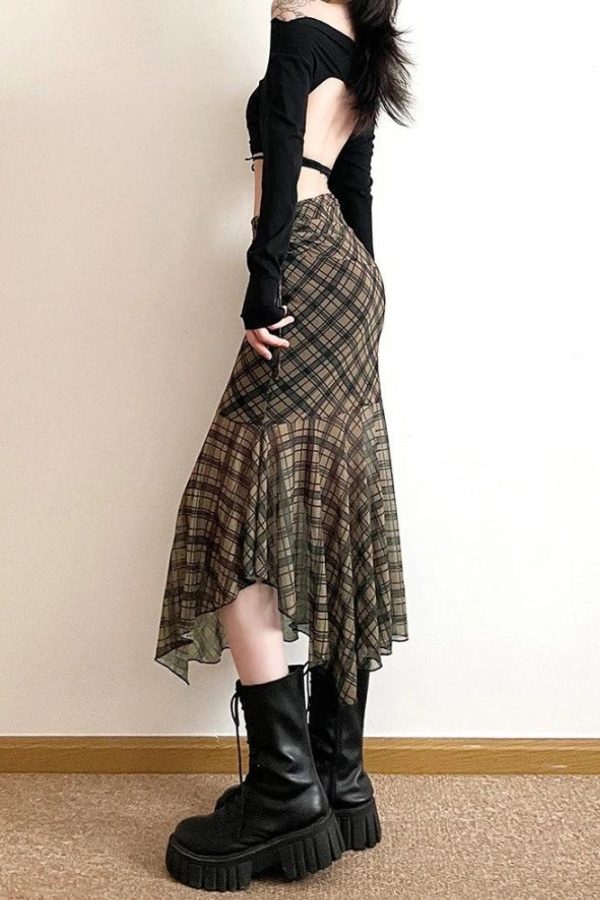 Grunge Plaid Mesh Midi Skirt