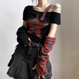 Grunge Plaid Star Patch Top