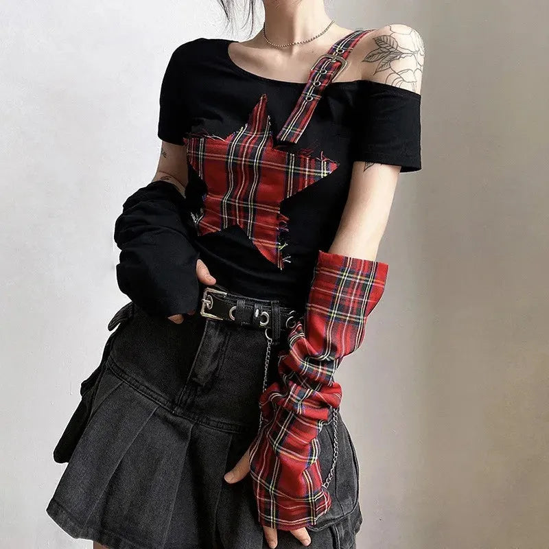 Grunge Plaid Star Patch Top Grunge Plaid Star Patch Top
