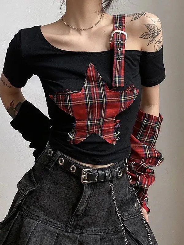 Grunge Plaid Star Patch Top