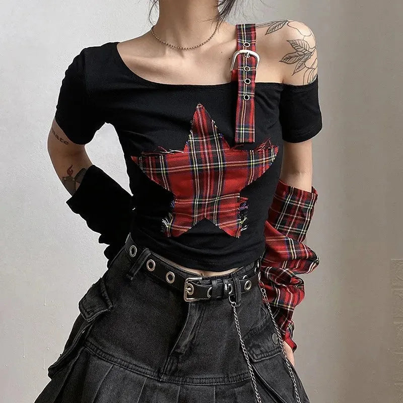 Grunge Plaid Star Patch Top Grunge Plaid Star Patch Top