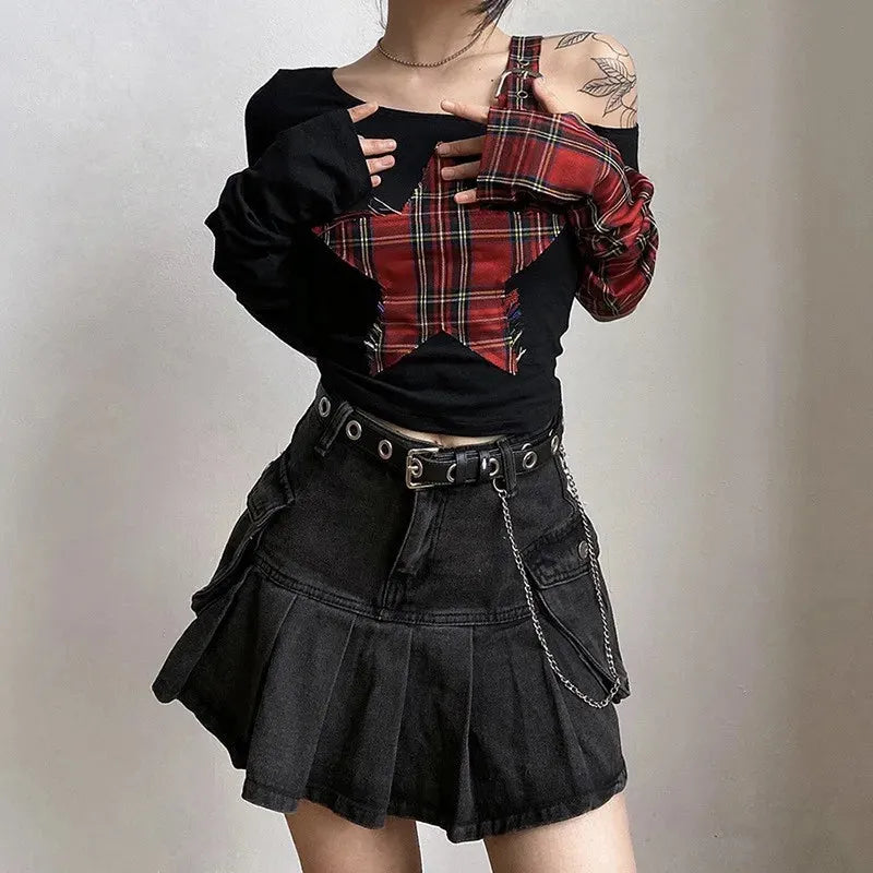 Grunge Plaid Star Patch Top Grunge Plaid Star Patch Top