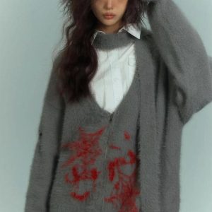 Grunge Scarf Tie Fluffy Cardigan