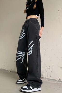 Grunge Skeleton Hand Printed Jeans