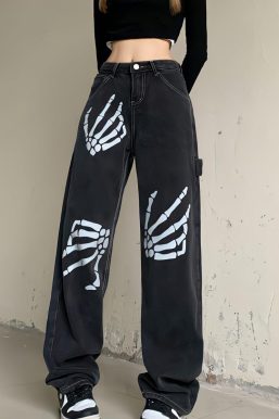 Grunge Skeleton Hand Printed Jeans