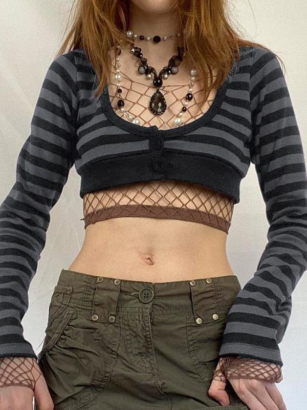 Grunge Striped Button-Up Crop Top