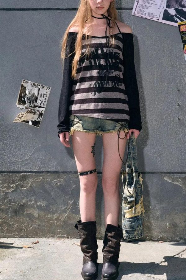 Grunge Striped Off Shoulder Top