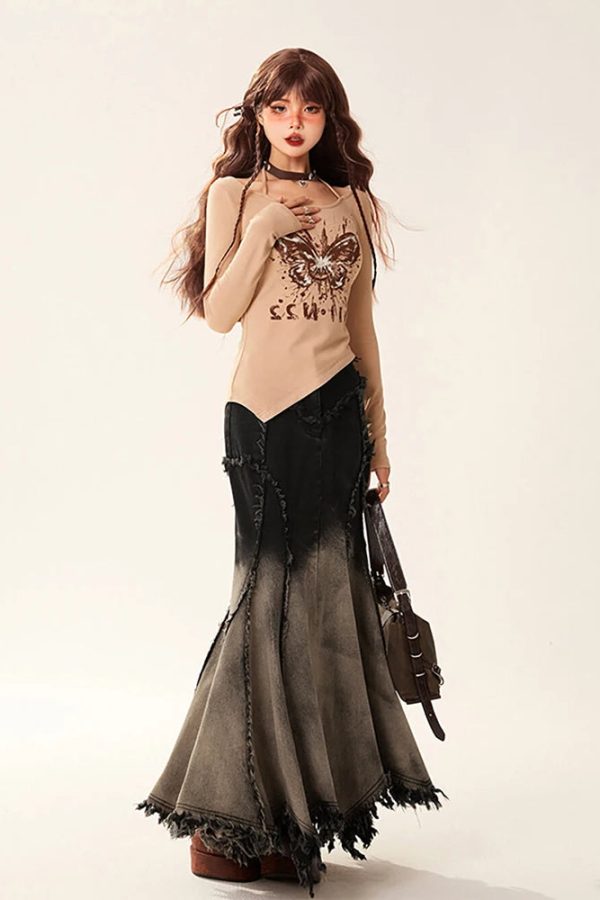 Grunge Tasseled Patch Maxi Skirt