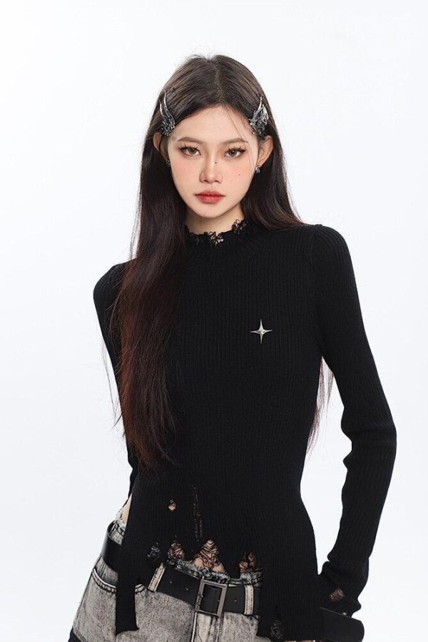 Grunge Turtleneck Distressed Sweater