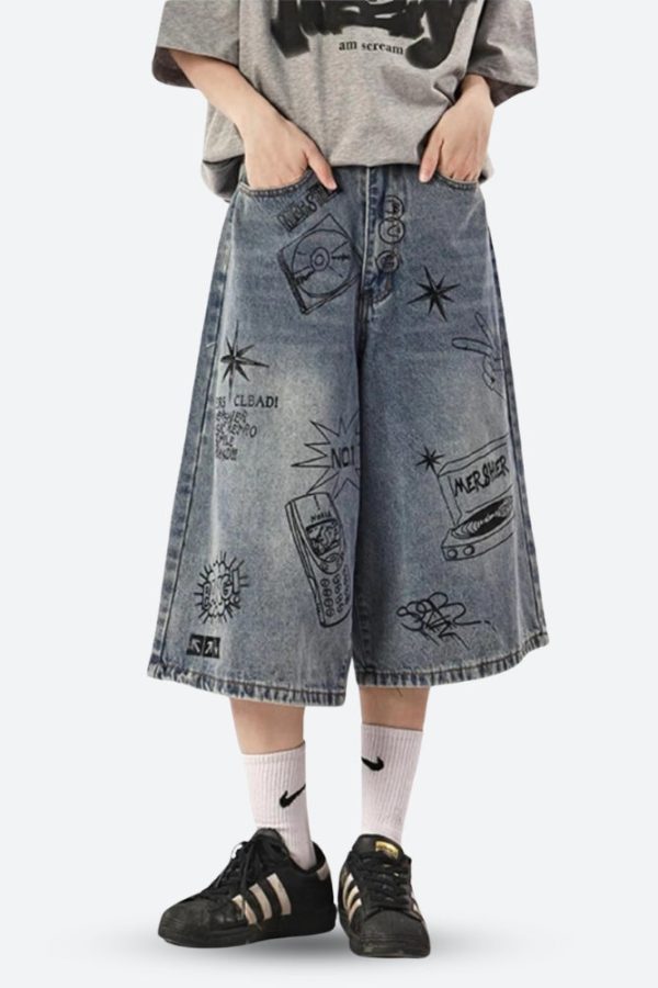 Grunge Wide Leg Denim Shorts: Effortless Wide Leg Sweatpants Outfit Ideas