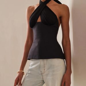 Halter Neck Lace Up Ruched Top