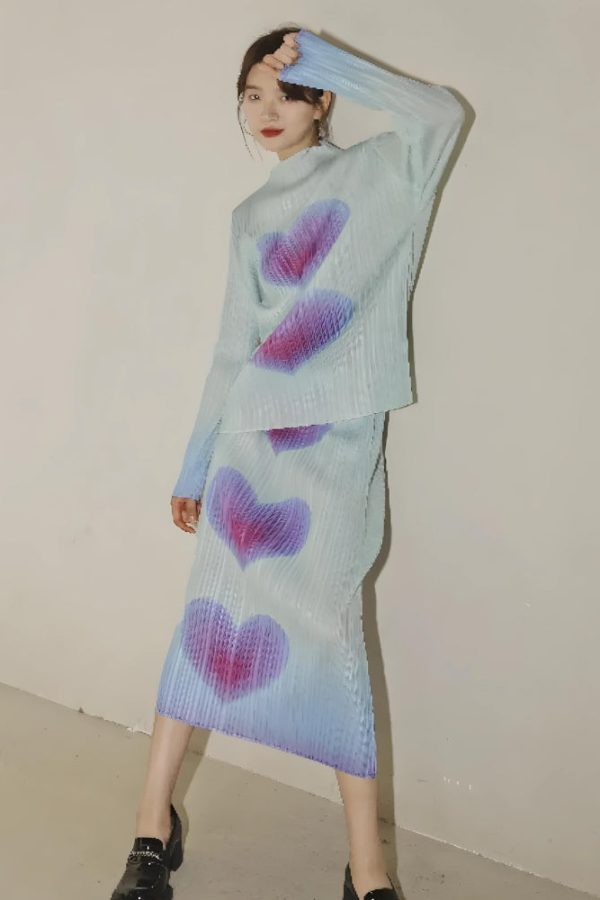 Heart Pleated Top & Midi Skirt Two Piece Set