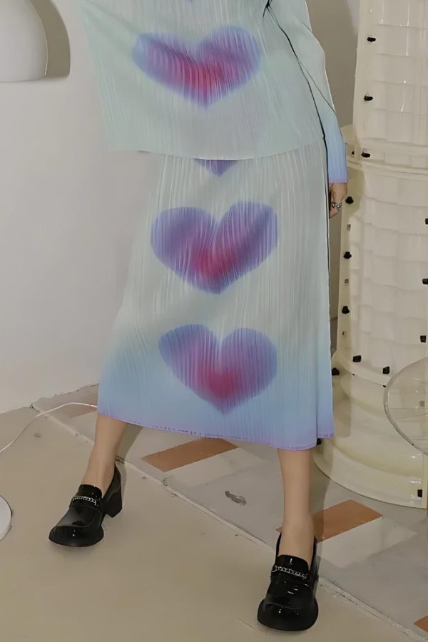Heart Pleated Top & Midi Skirt Two Piece Set