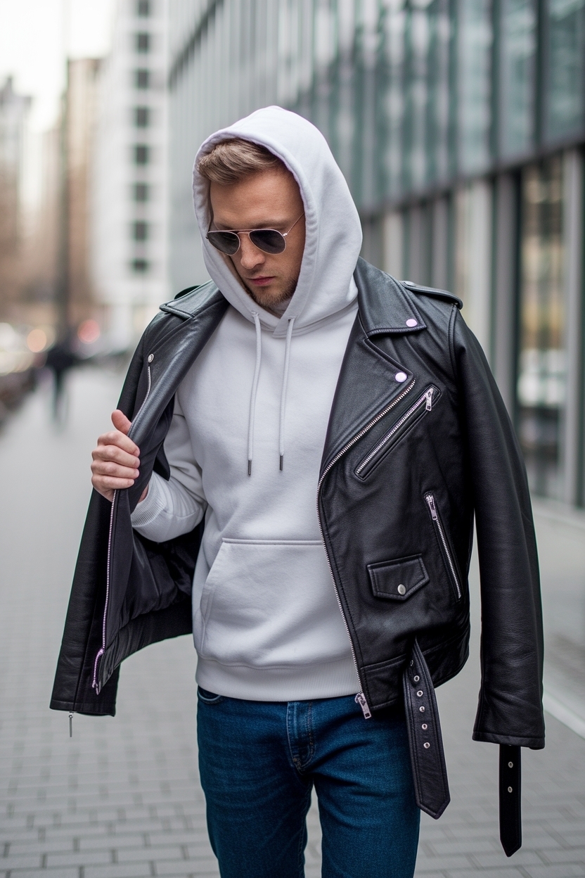 Hoodie and Leather Jacket Outfit for Edgy Comfort outfit idea