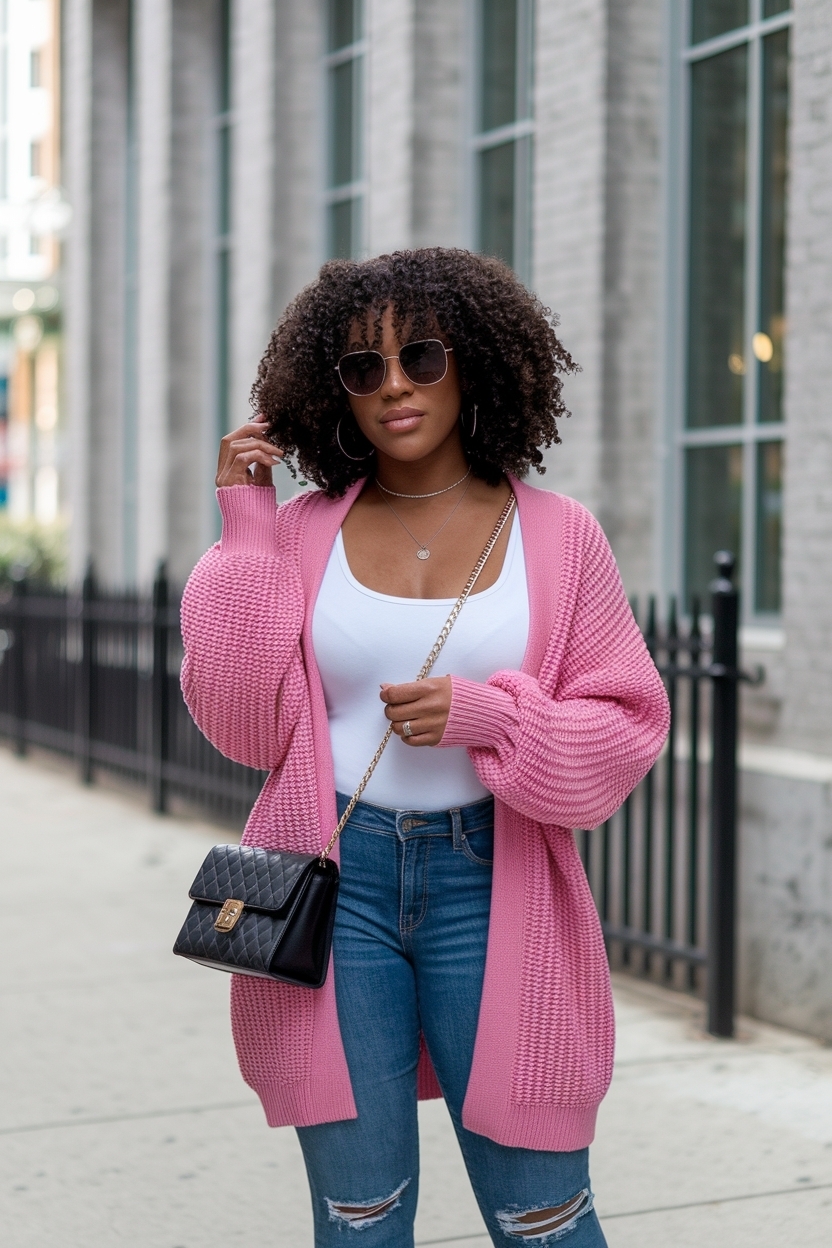 Hot Pink Cardigan Outfit Black Women Fashion Tips outfit idea
