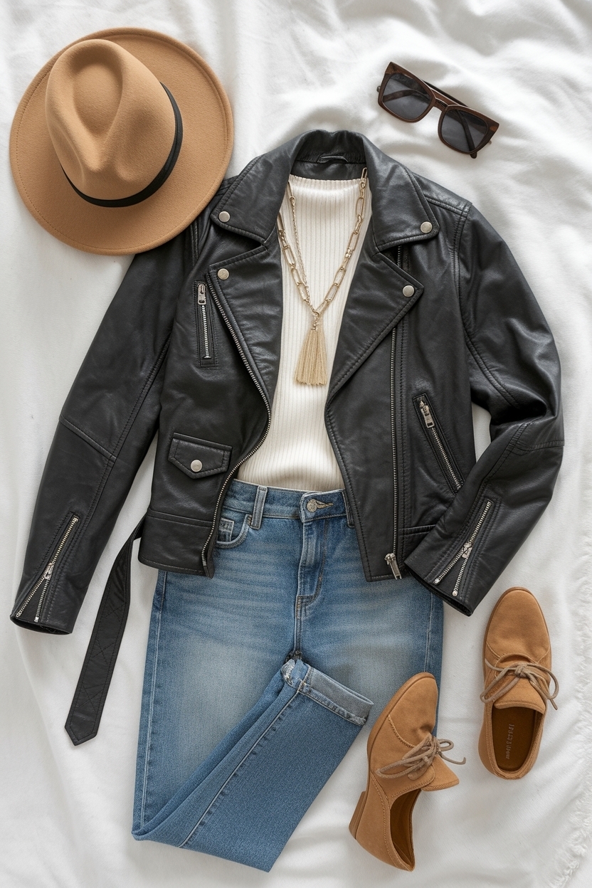 Jeans and Leather Jacket Outfit for Effortless Chic outfit idea