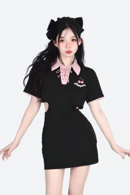 Kawaii Cherry Cut Out Mini Polo Dress