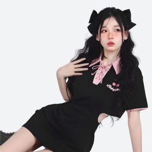 Kawaii Cherry Cut Out Mini Polo Dress