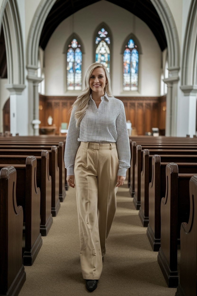 Khaki Pants Outfit Women Church for a Modest Look outfit idea