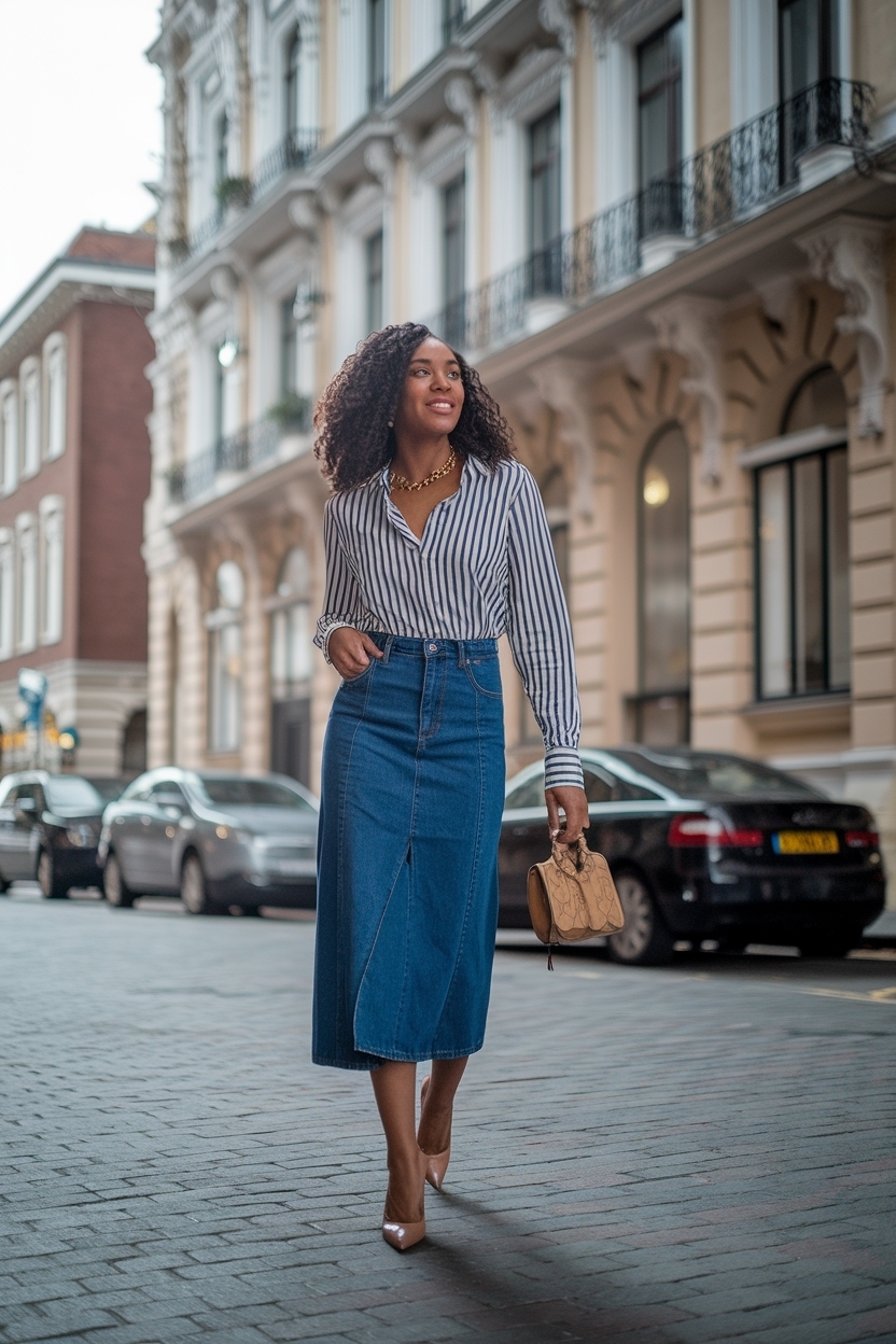 Knee Length Denim Skirt Outfit Black Women Can Rock outfit idea