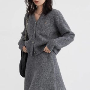 Knitted Button-Up Cardigan & Mini Skirt Two Piece Set