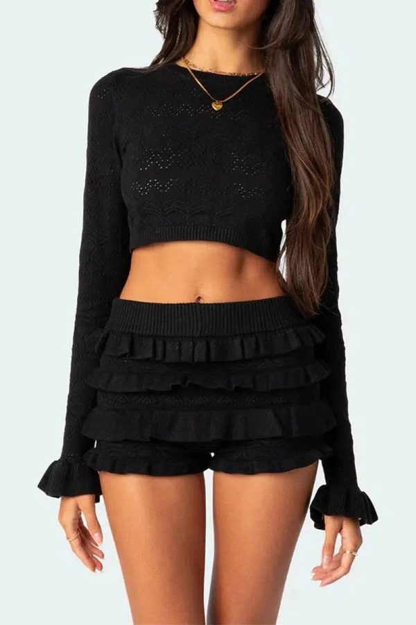 Knitted Crop Top & Ruffled Shorts Two Piece Set