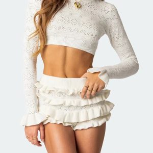 Knitted Crop Top & Ruffled Shorts Two Piece Set