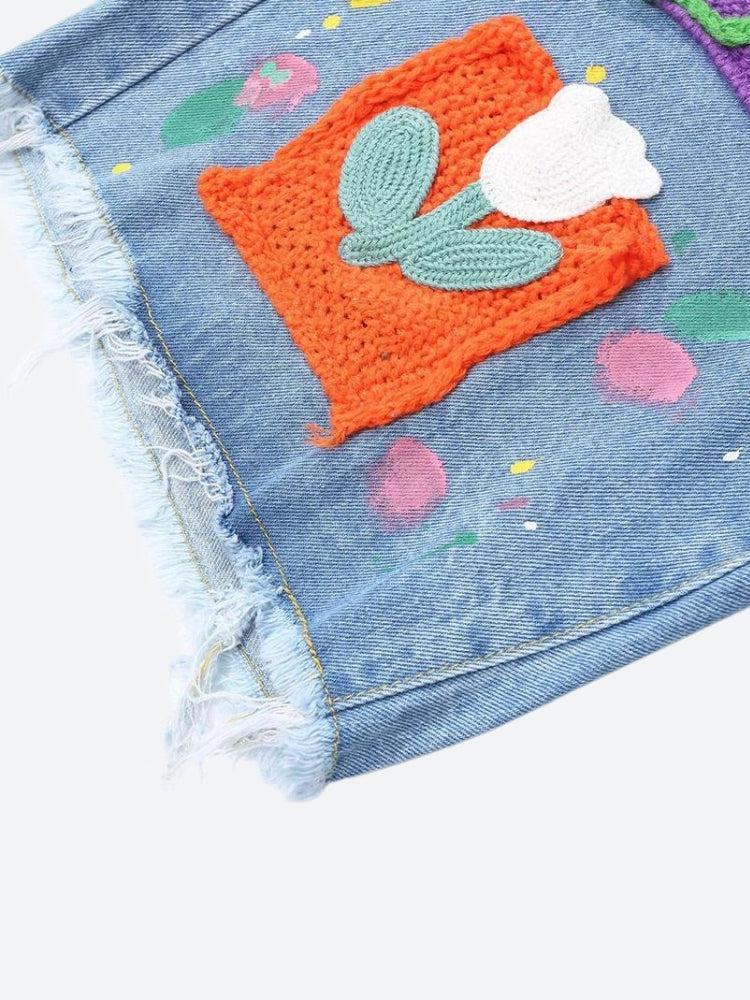 Knitted Flower Patch Denim Shorts Knitted Flower Patch Denim Shorts