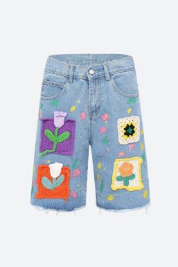Knitted Flower Patch Denim Shorts