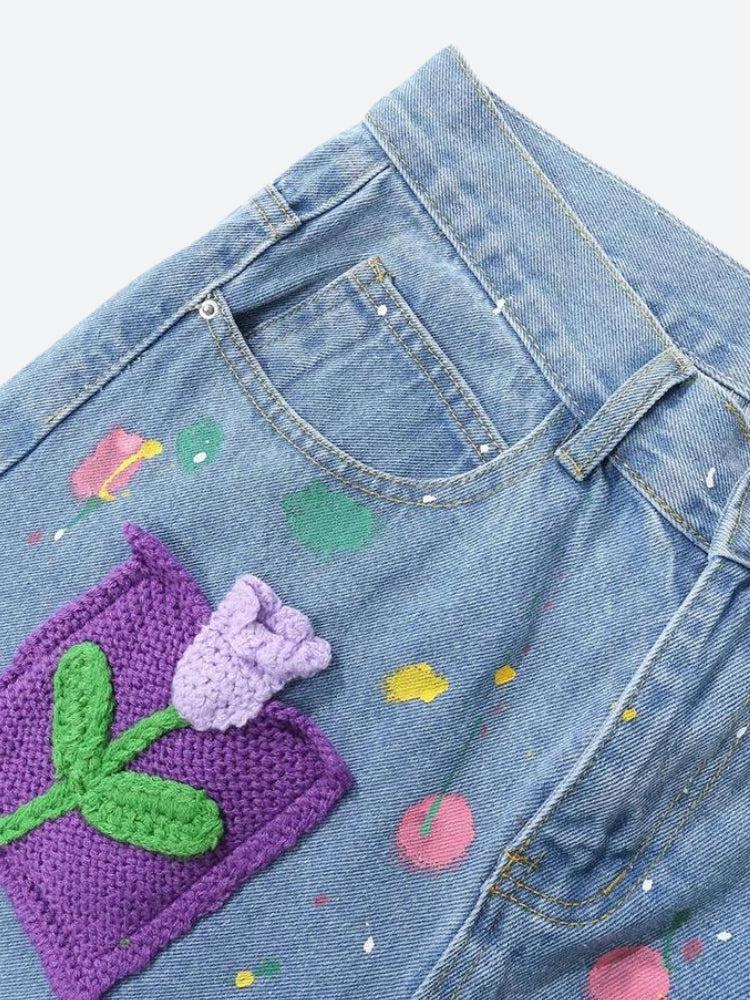 Knitted Flower Patch Denim Shorts Knitted Flower Patch Denim Shorts